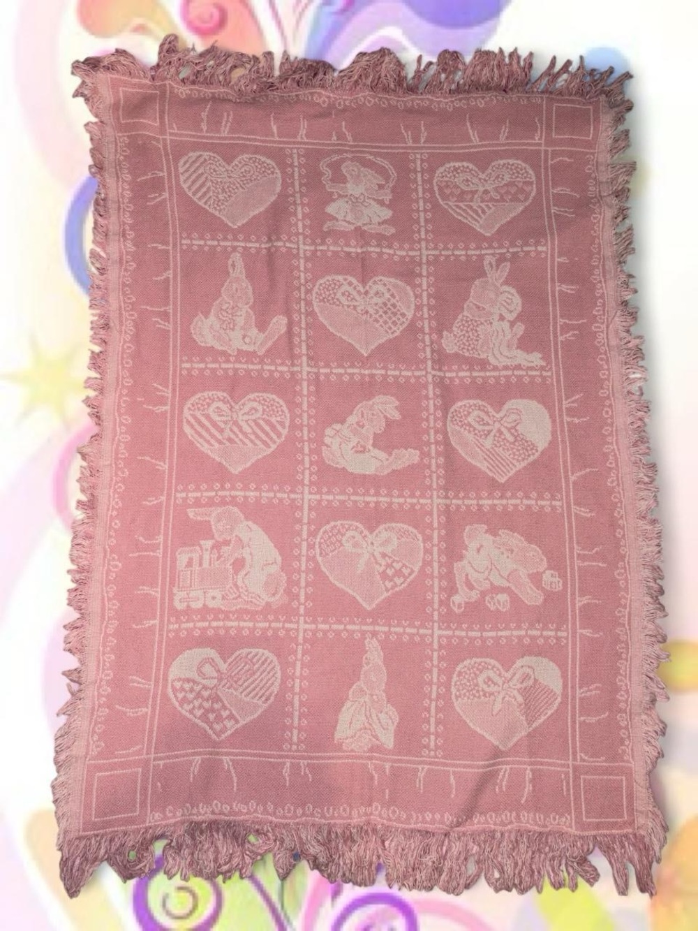 vtg 90s hearts & bunnies woven tapestry jacquard throw blanket - MWW 44”x37”
